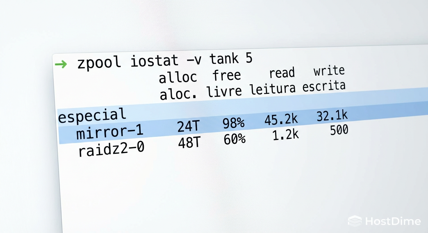 Fig. 2: Saída do comando zpool iostat confirmando que o tráfego intenso de IOPS está sendo absorvido pelo dispositivo especial.