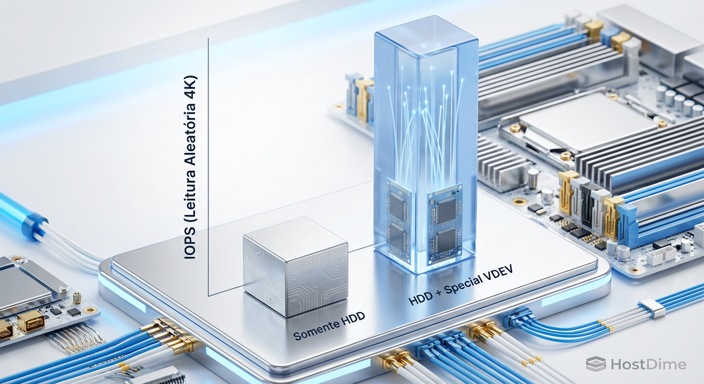Fig. 3: Comparativo de IOPS em cargas de trabalho aleatórias (4K). A latência é drasticamente reduzida ao servir metadados via flash.
