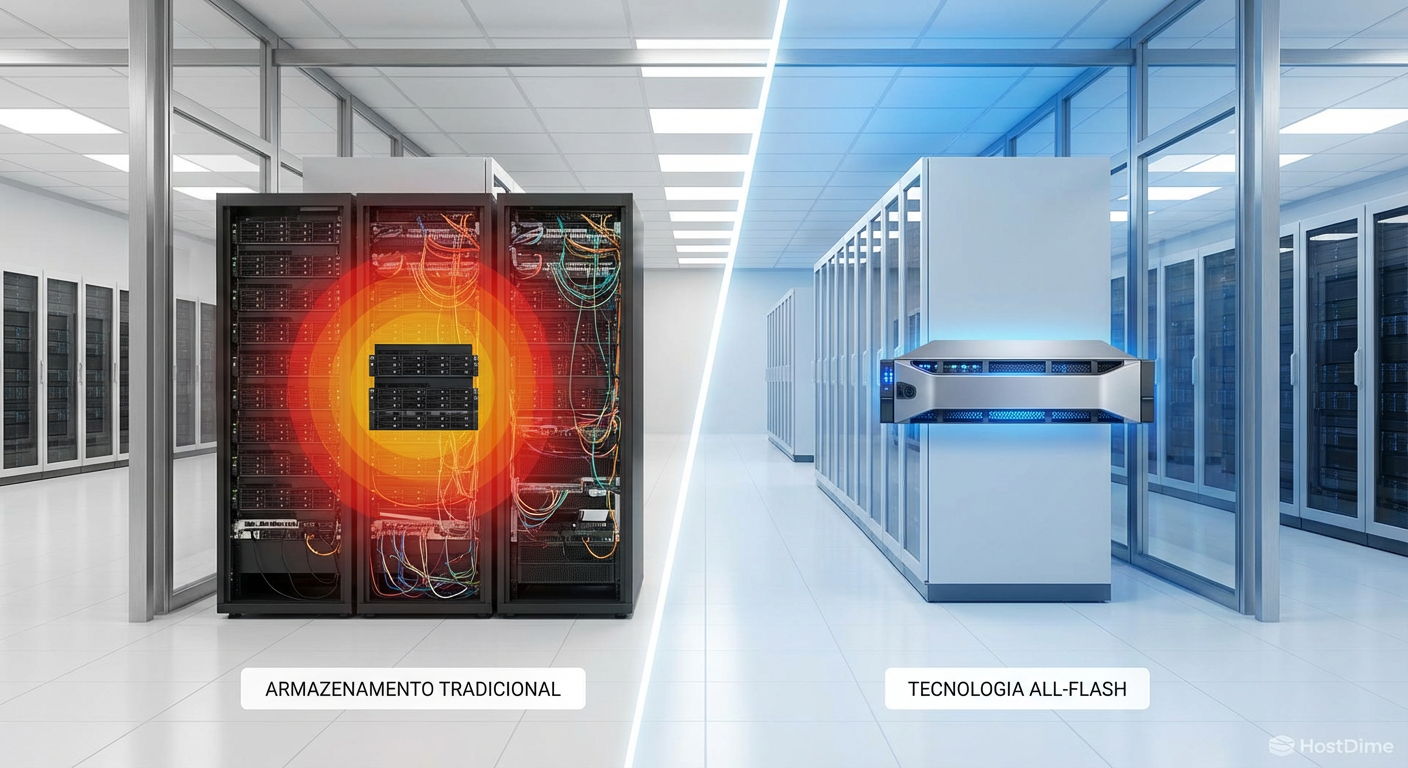 Comparativo visual de densidade: Múltiplos racks de HDD versus uma única unidade All-Flash entregando a mesma capacidade.