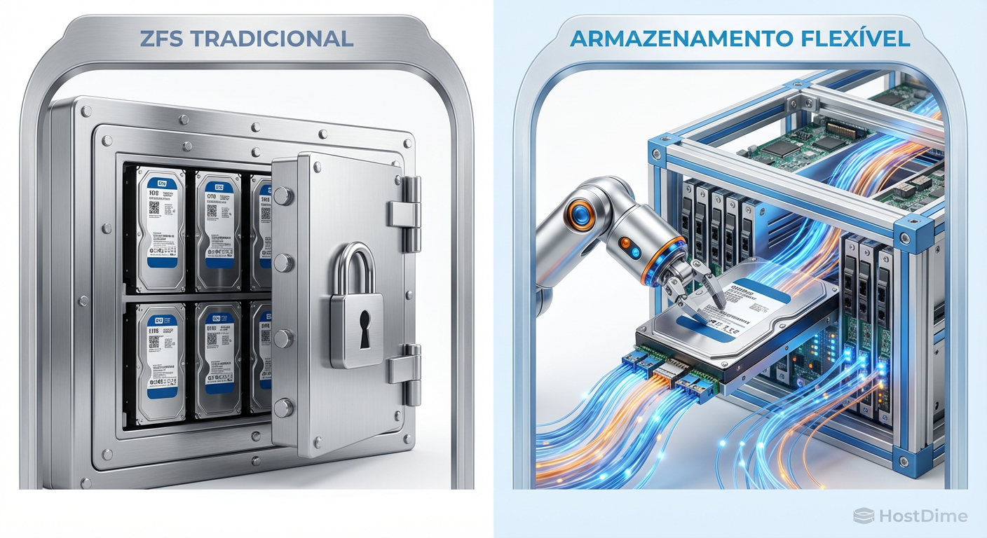 Comparativo visual: A rigidez do ZFS clássico versus a flexibilidade modular da nova expansão de RAIDZ.