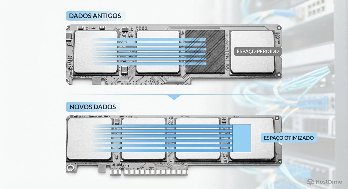 Diagrama técnico ilustrando a diferença de alocação de blocos: dados antigos ocupando a largura original versus dados novos aproveitando a largura expandida.