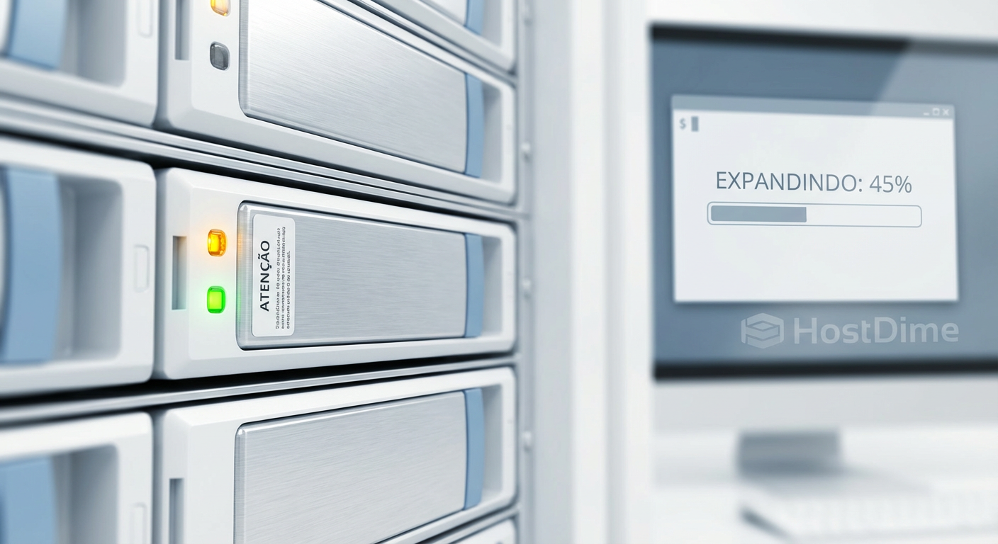 Fotografia macro de um servidor em operação durante a expansão, destacando a atividade intensa dos discos e o monitoramento via terminal.
