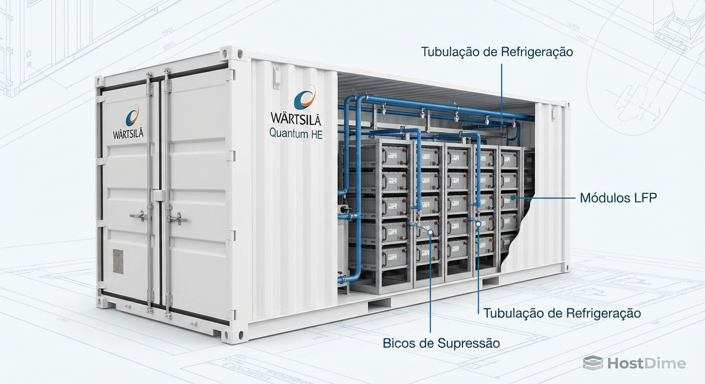 Detalhe técnico do container Wärtsilä Quantum HE: Racks de módulos LFP, tubulação de refrigeração líquida e sistemas de supressão de incêndio.