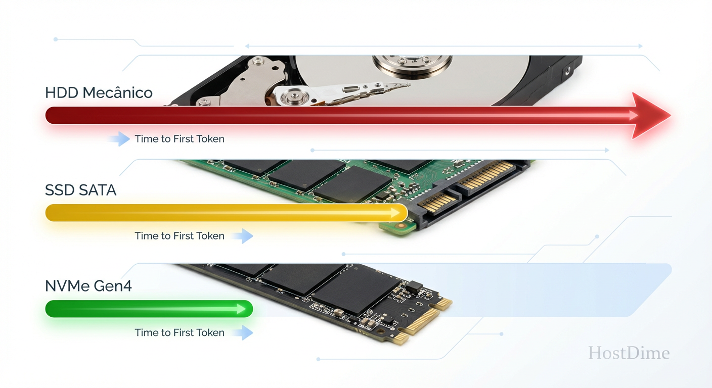 Fig. 1: O impacto brutal da latência do disco na performance de RAG (Retrieval-Augmented Generation).