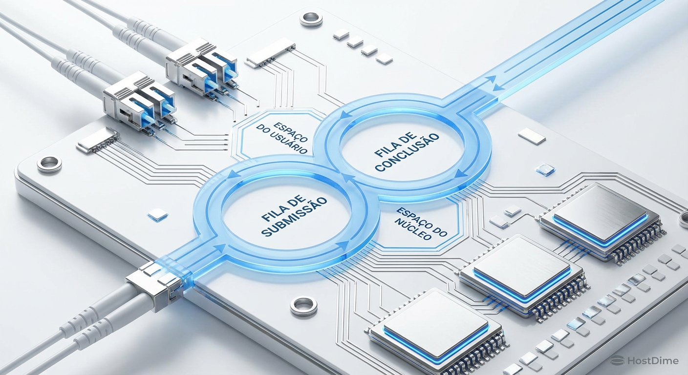 Arquitetura de Ring Buffers do io_uring: Comunicação via memória compartilhada elimina a barreira constante entre usuário e kernel.