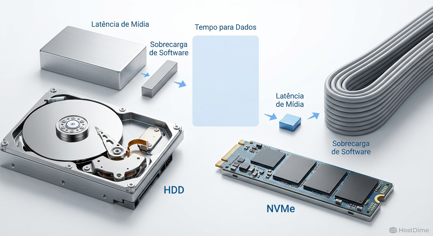 Comparação de latência: Em mídias rápidas, o overhead de software torna-se o fator dominante.