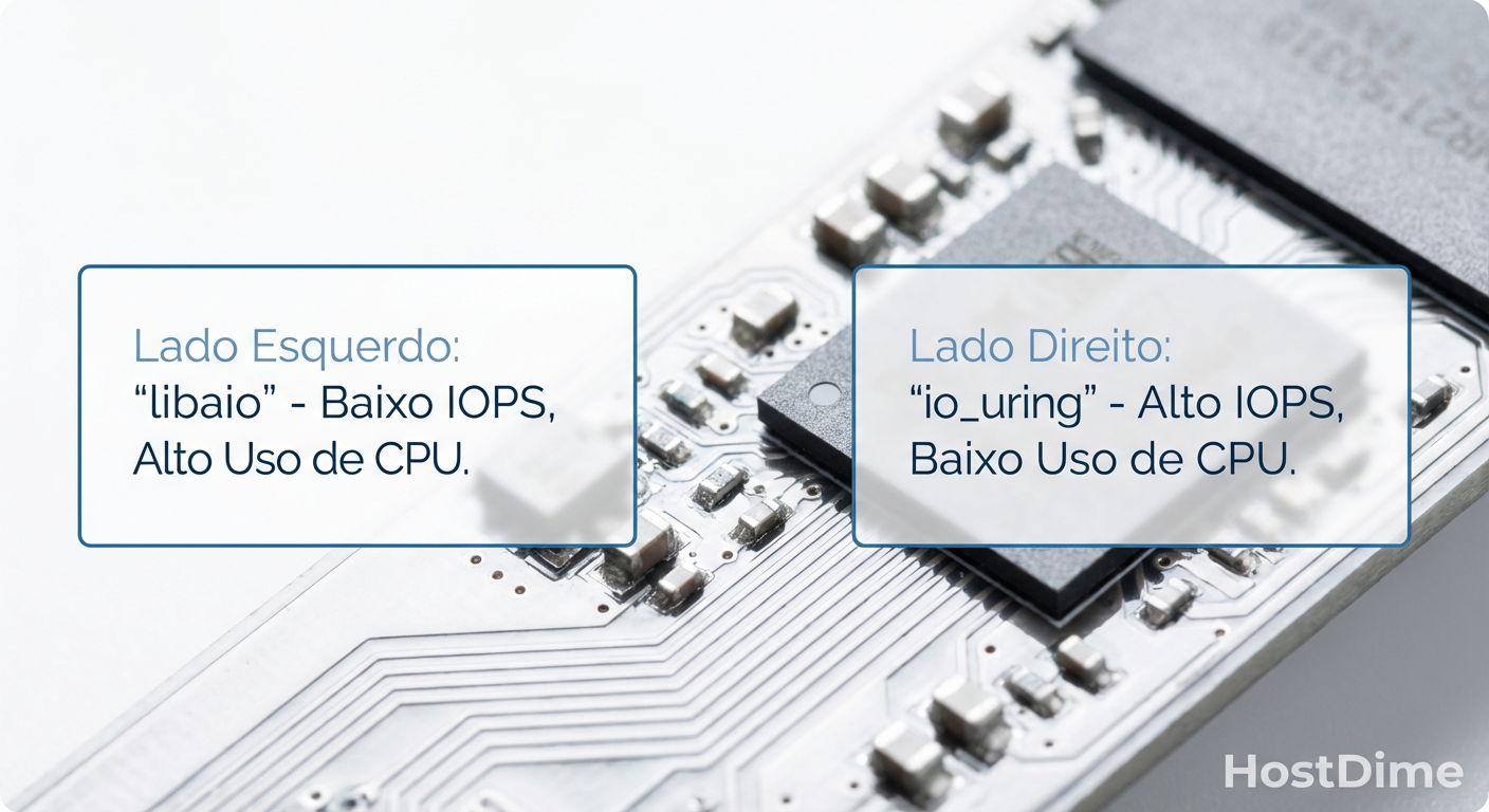 Comparativo de saída do Fio: Note a redução drástica no tempo de sistema (sys) e o aumento de IOPS com io_uring.