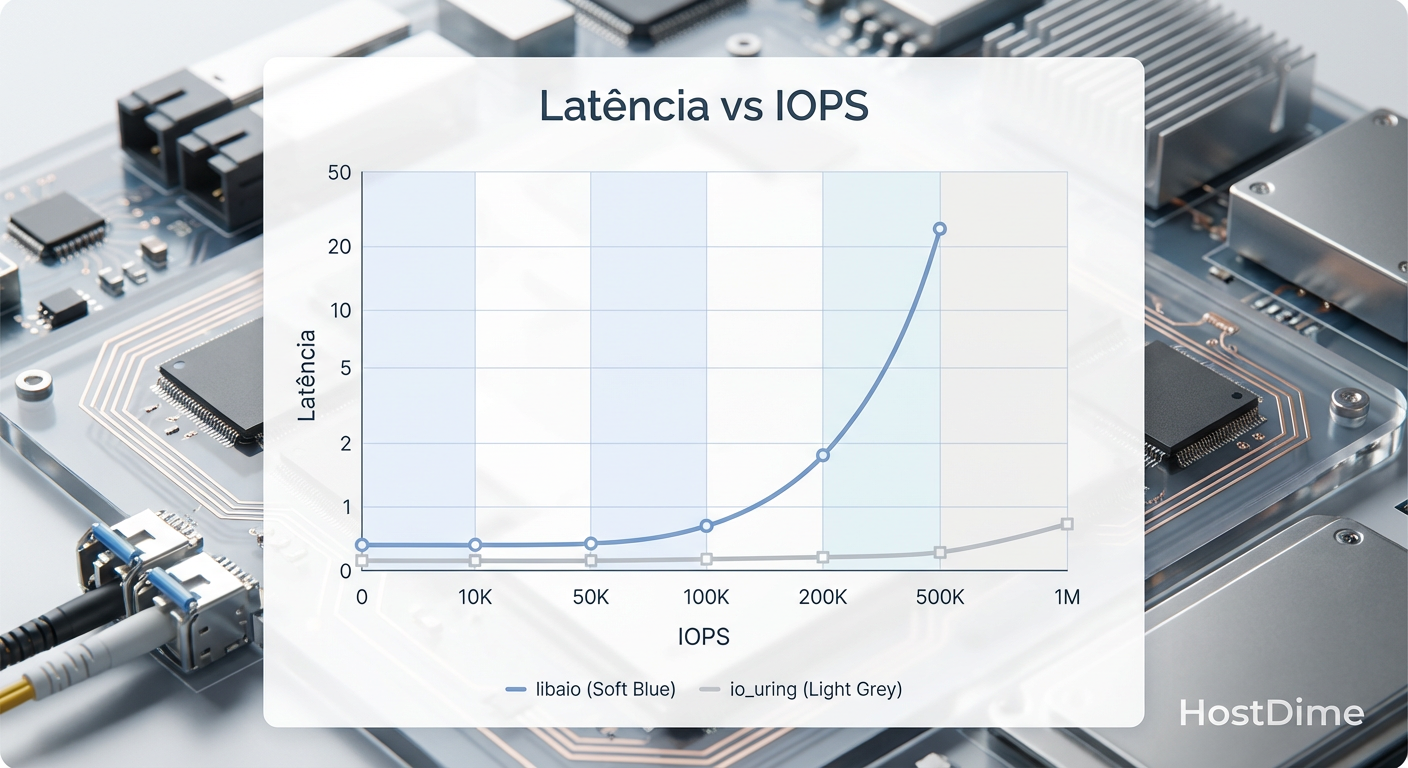 Curva de Latência x Throughput: O io_uring mantém a latência estável por mais tempo antes da saturação.