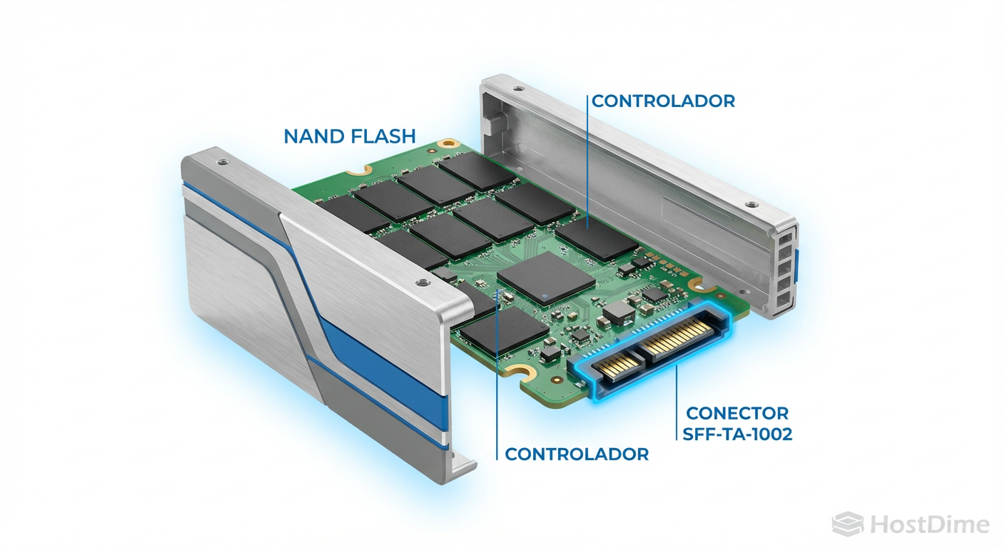 Anatomia explodida de um drive E1.S: Note o conector SFF-TA-1002 e o dissipador assimétrico projetado para canalizar o ar.