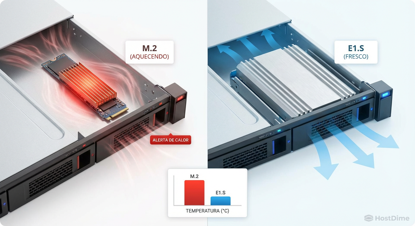 Comparação térmica visual: O gargalo de dissipação do M.2 versus a eficiência aerodinâmica do E1.S.