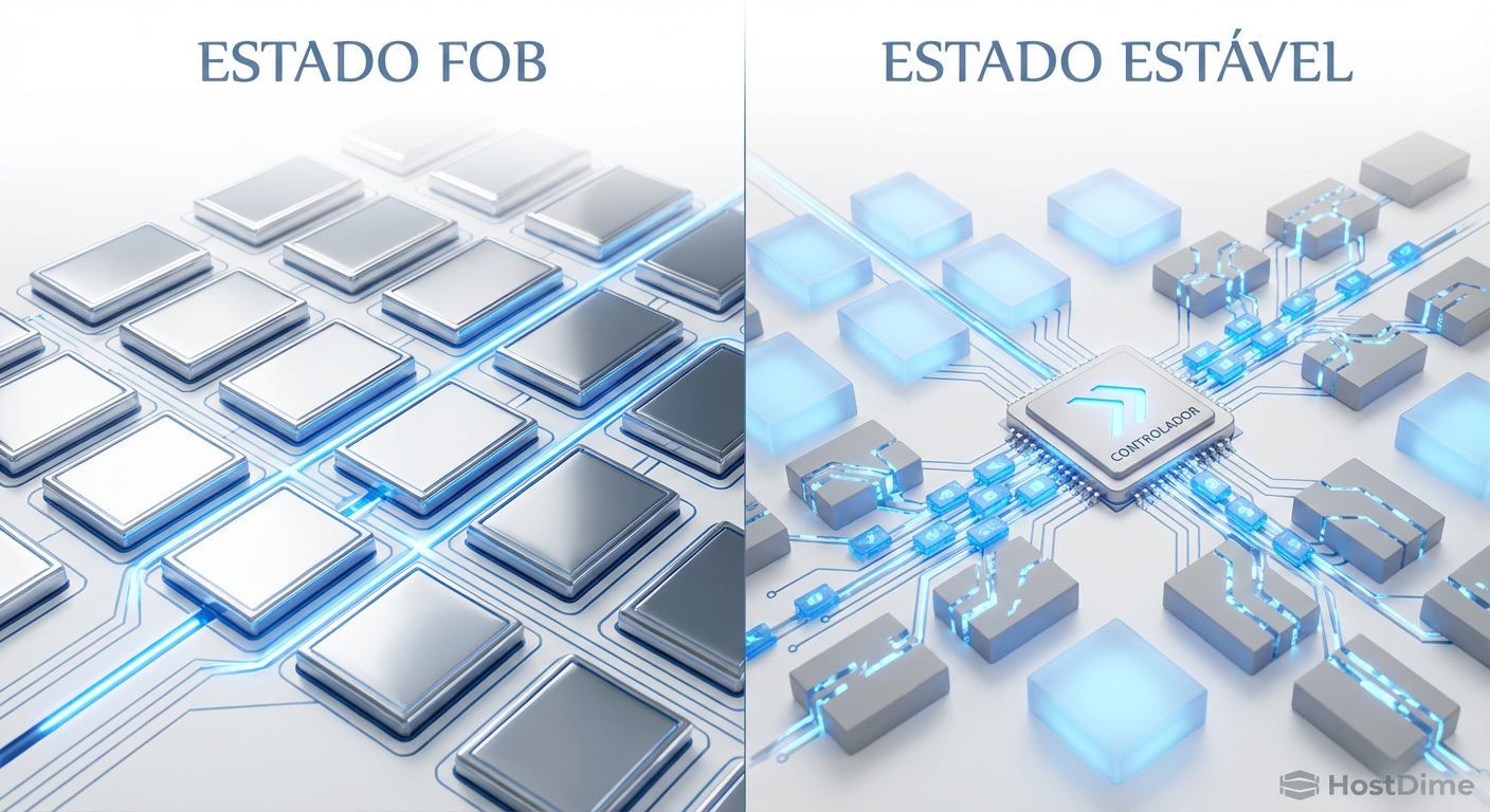 Comparação visual entre a organização imaculada de um SSD novo (FOB) e o caos de fragmentação no Estado Estacionário.