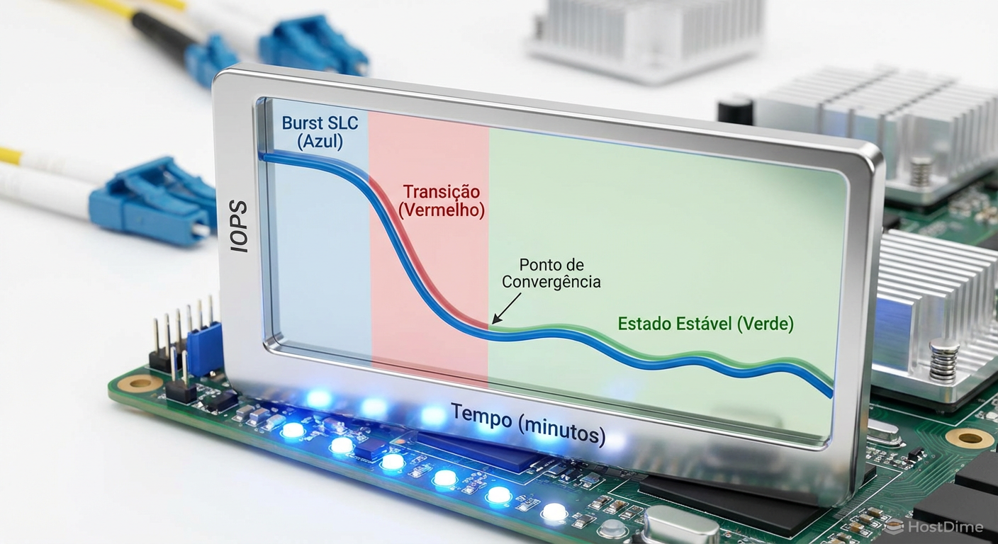 Gráfico de performance temporal demonstrando a queda do burst inicial até a estabilização no Estado Estacionário.