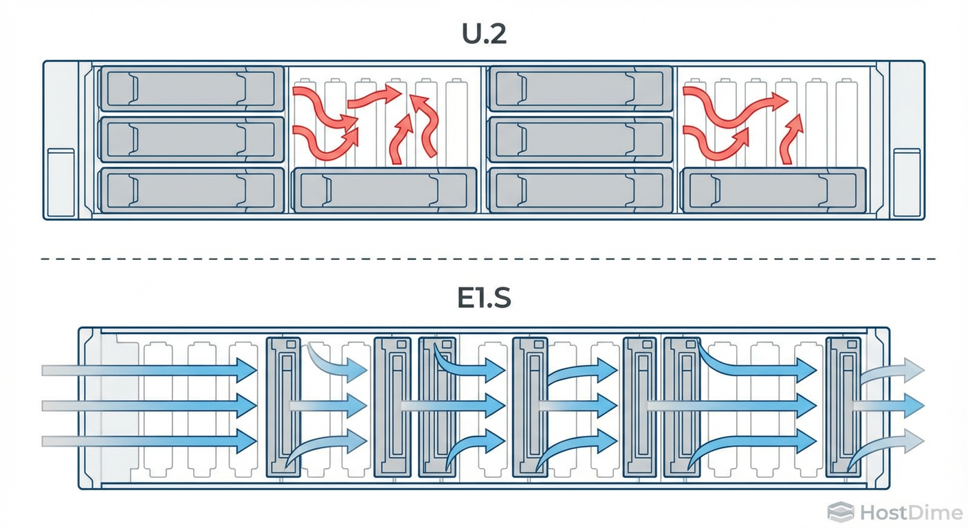 Comparação de fluxo de ar: O bloqueio causado pelo formato U.2 versus a permeabilidade aerodinâmica do E1.S.