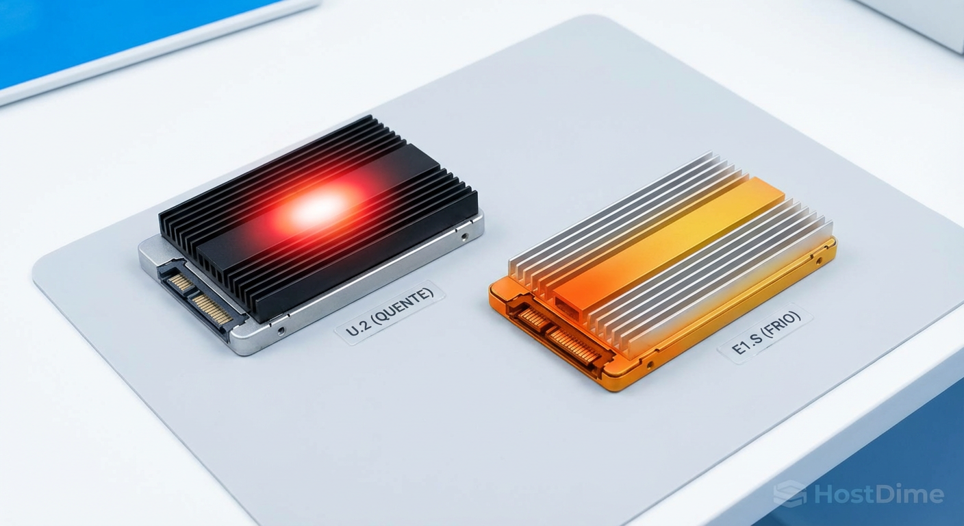 Mapa térmico comparativo: A concentração de calor no encapsulamento fechado do U.2 vs. a dissipação eficiente no E1.S.