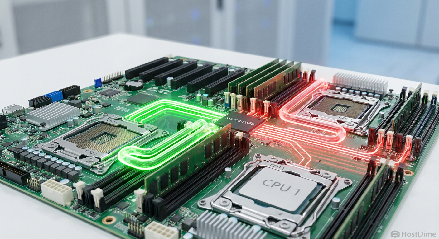 A topologia física de um servidor dual-socket ilustrando a diferença de caminho entre o acesso local (verde) e o acesso remoto via interconexão (vermelho).