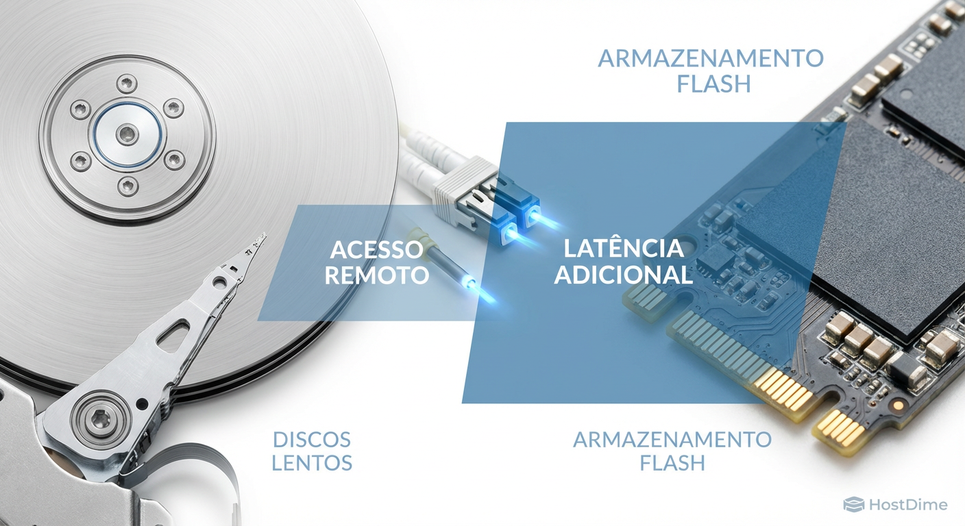 Comparativo de impacto: A latência adicional do acesso remoto é mascarada em discos lentos, mas torna-se o fator dominante em armazenamento flash de alta performance.
