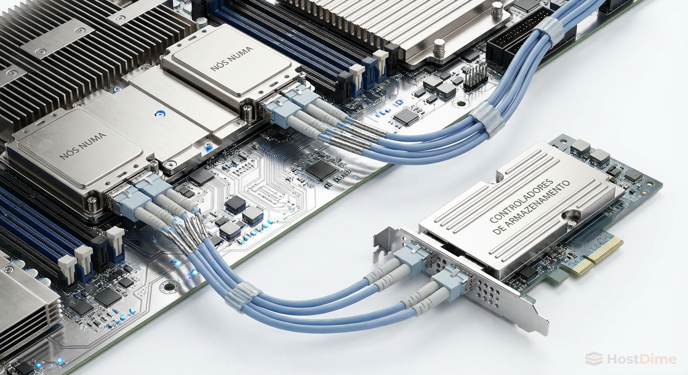 Visualização hierárquica de recursos com lstopo, destacando a vinculação física de controladores de armazenamento a nós NUMA específicos.
