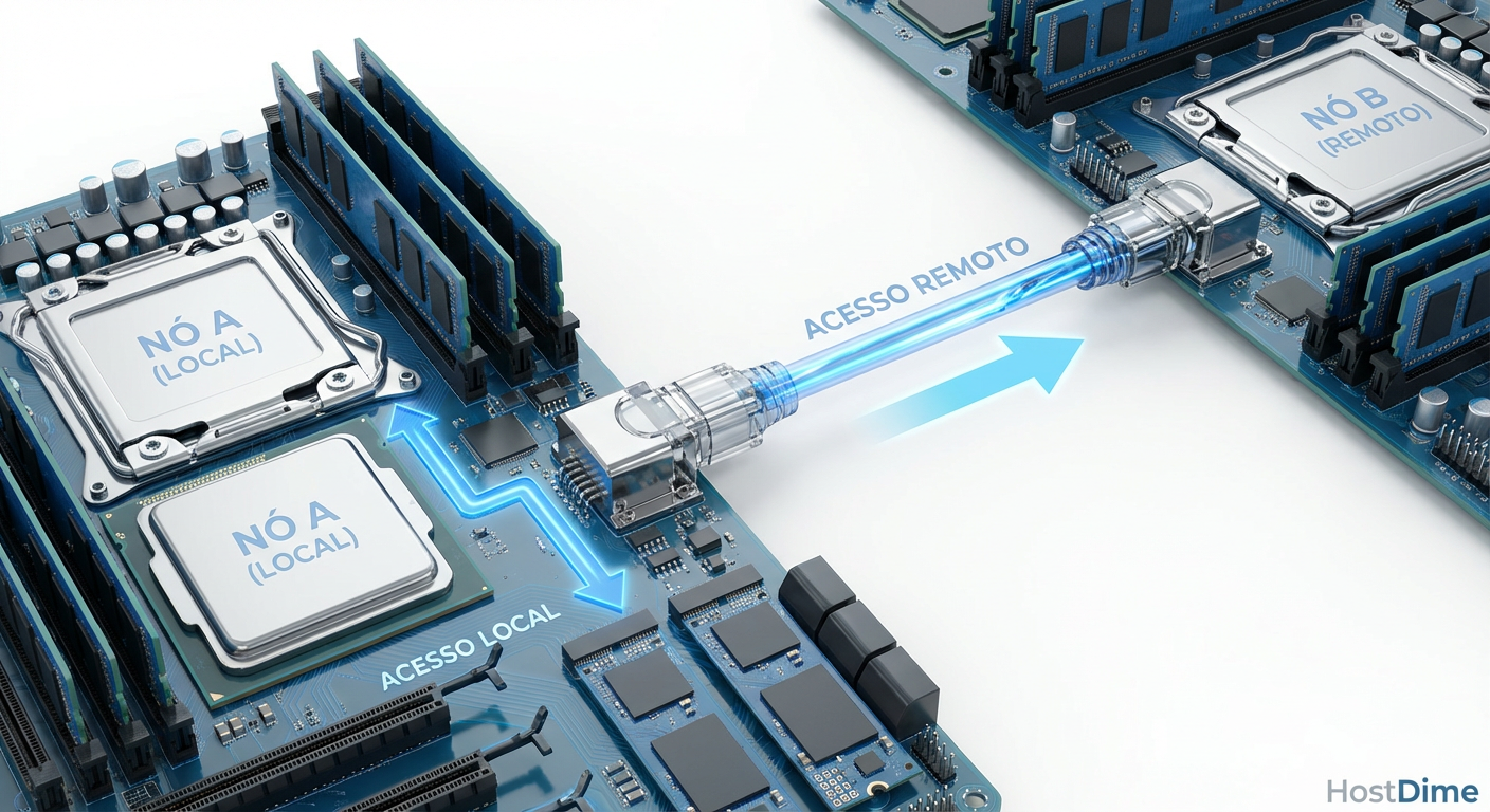 Esquema de topologia NUMA mostrando o caminho físico que os dados percorrem em acessos locais versus acessos remotos via interconexão.