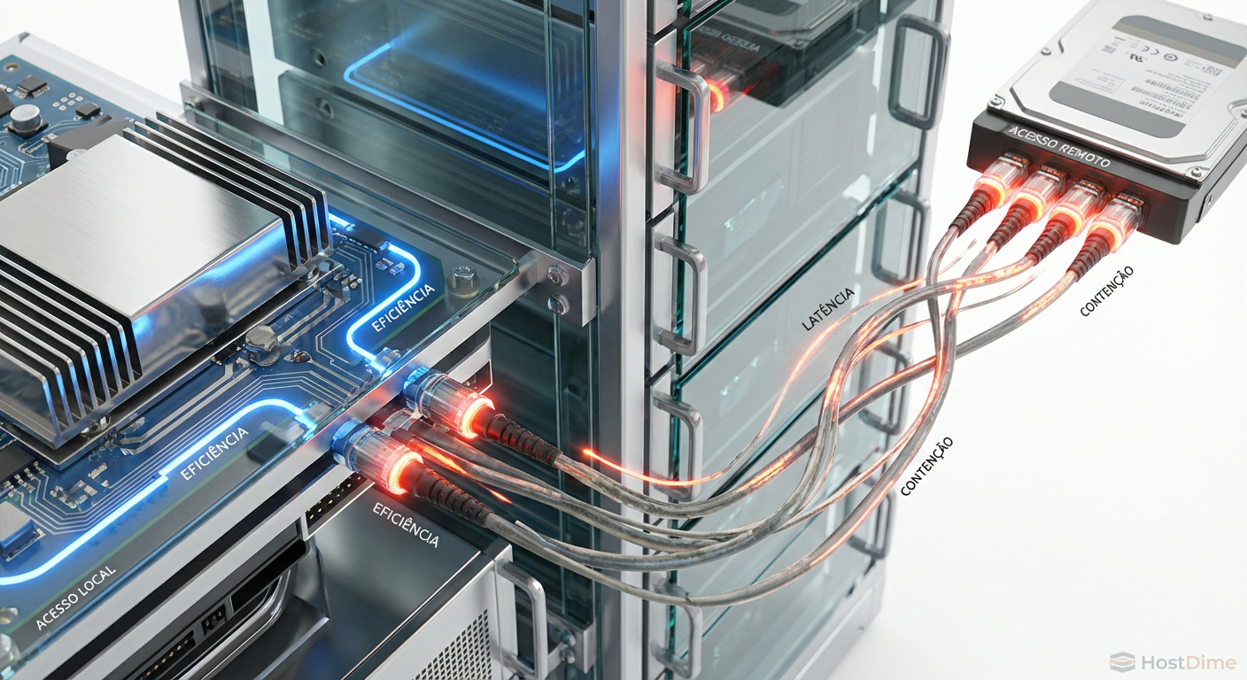 Visualização do impacto no cache: o acesso local preserva a eficiência dos ciclos de CPU, enquanto o acesso remoto introduz latência e contenção.