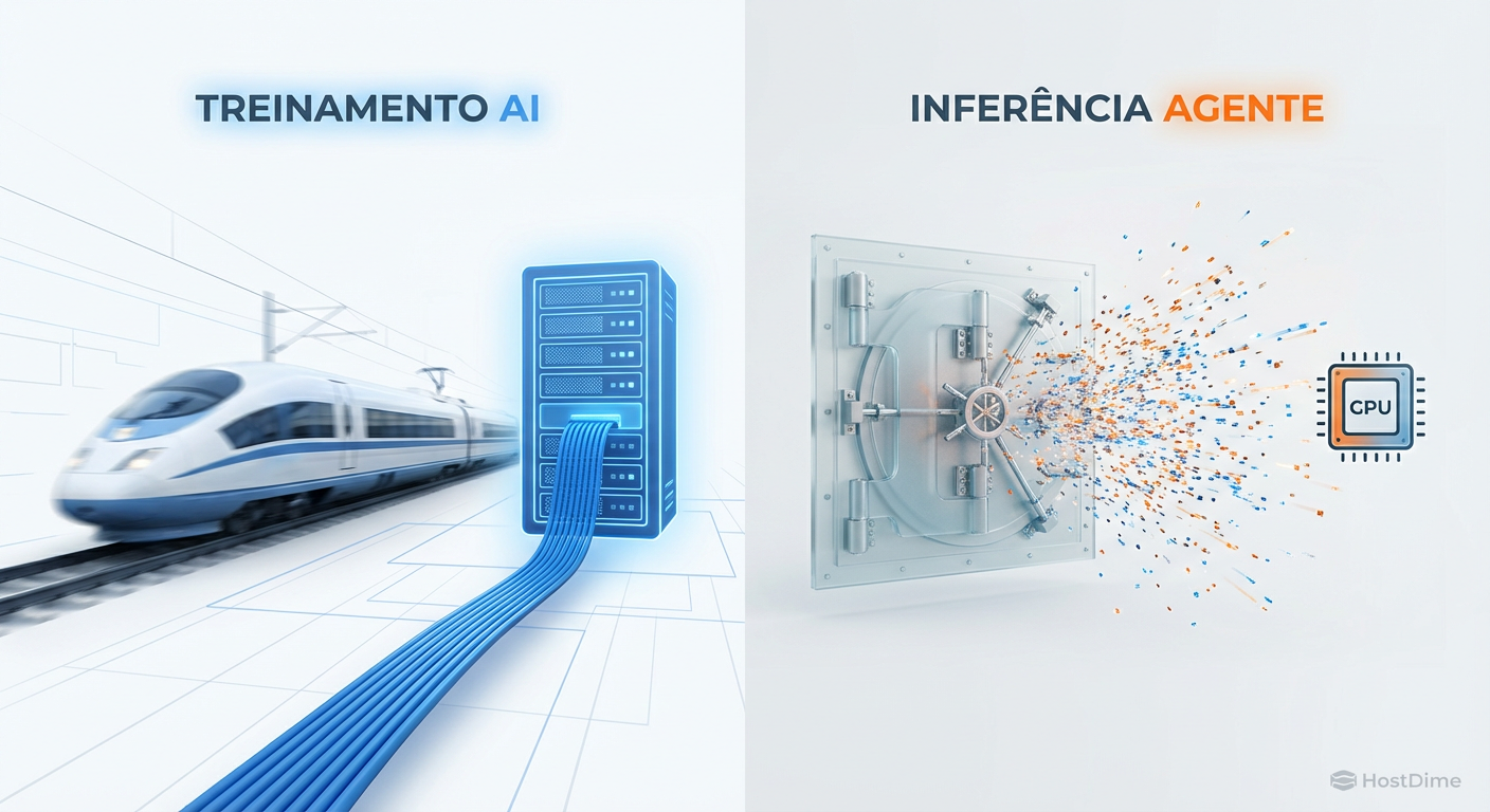 Comparativo visual entre o fluxo de dados sequencial do Treinamento de IA versus o padrão caótico e randômico da Inferência de Agentes.