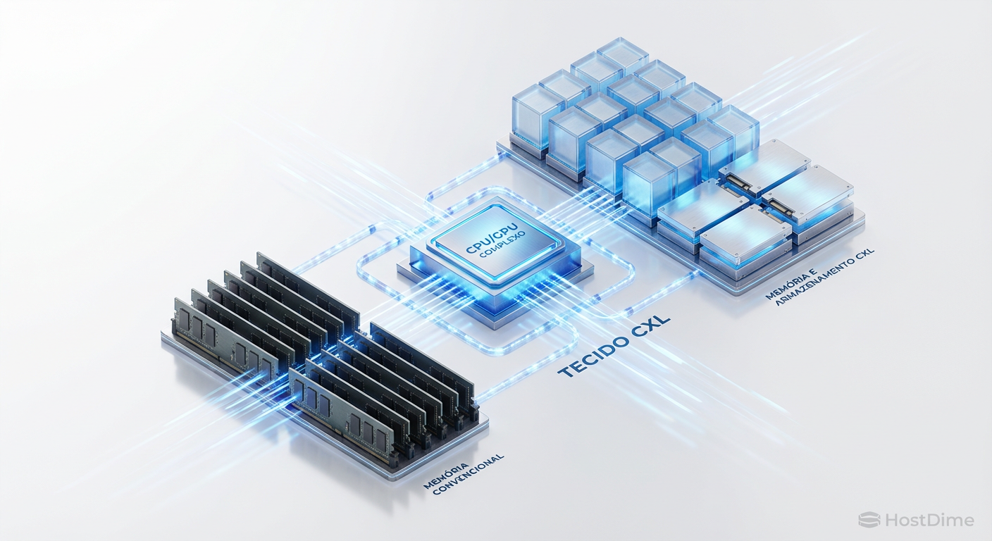 Diagrama arquitetural ilustrando a tecnologia CXL, onde CPU e GPU acessam um pool compartilhado de memória e armazenamento, eliminando gargalos tradicionais.