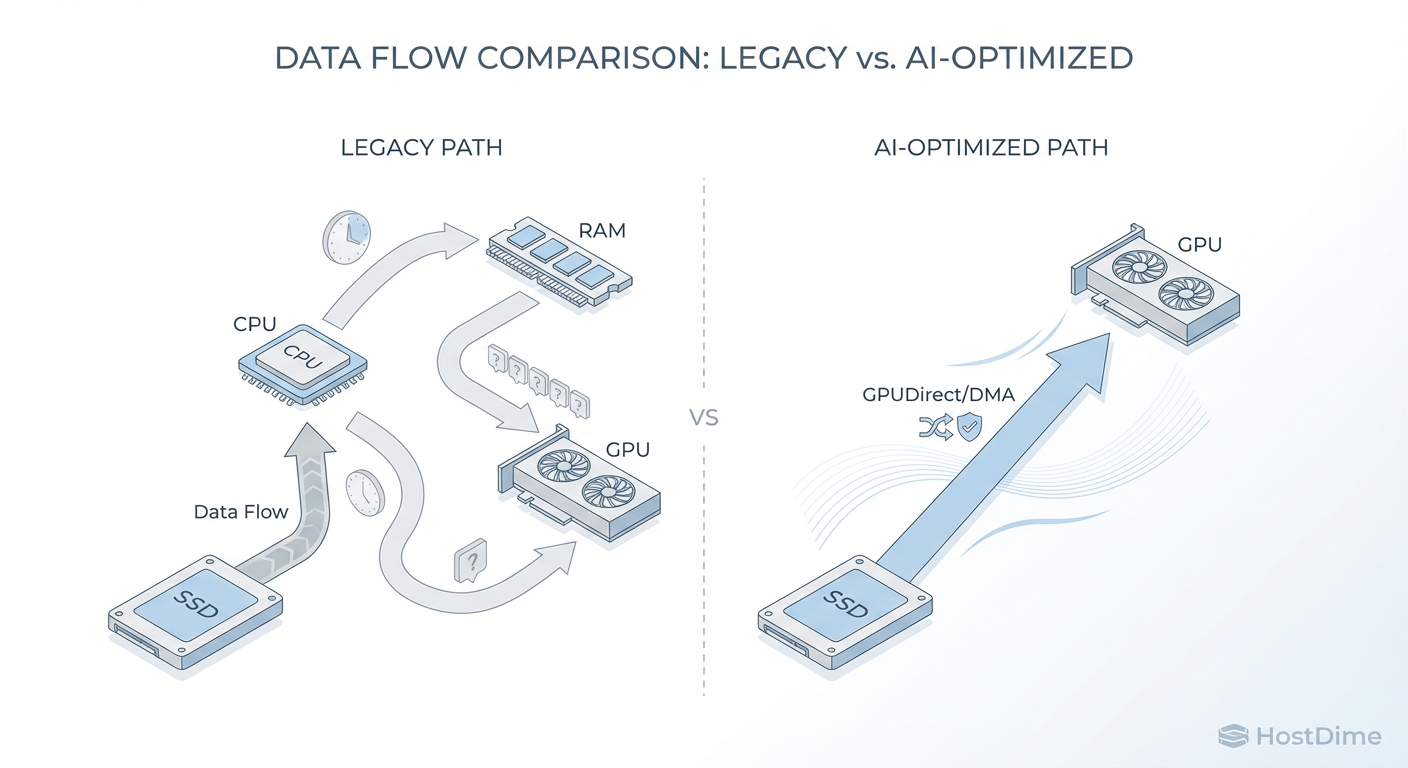 Fig. 1: The 'Bypass' Architecture. Marketing calls it magic; engineers call it Direct Memory Access (DMA). Eliminating the CPU bounce is the only way to saturate modern GPU interconnects.
