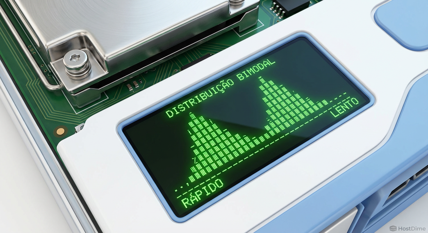 Captura de tela de terminal exibindo um histograma de latência gerado por ferramenta CLI, mostrando uma distribuição bimodal.