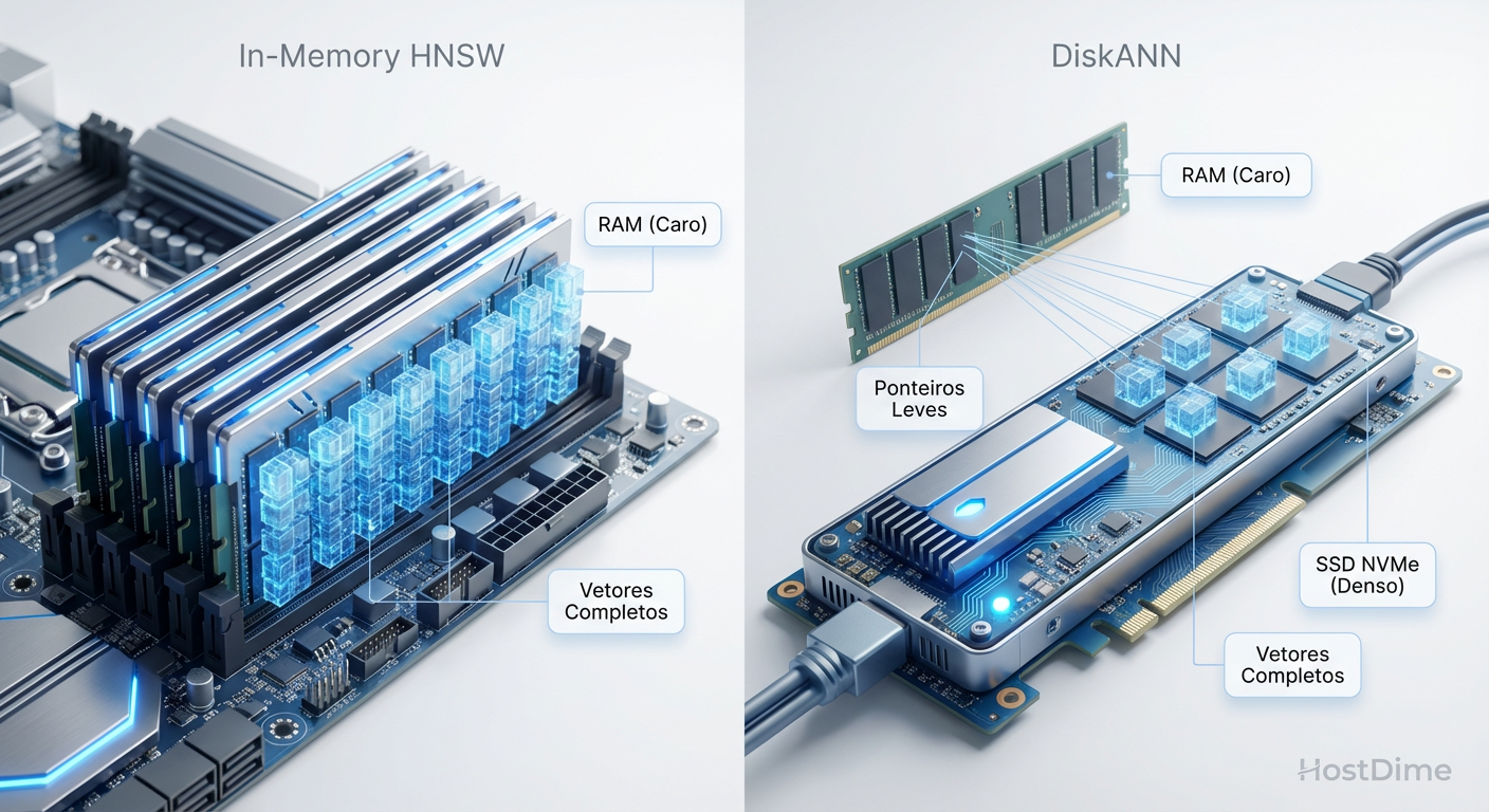 Fig. 1: O trade-off fundamental: HNSW puro (RAM) vs. DiskANN (Storage Híbrido).