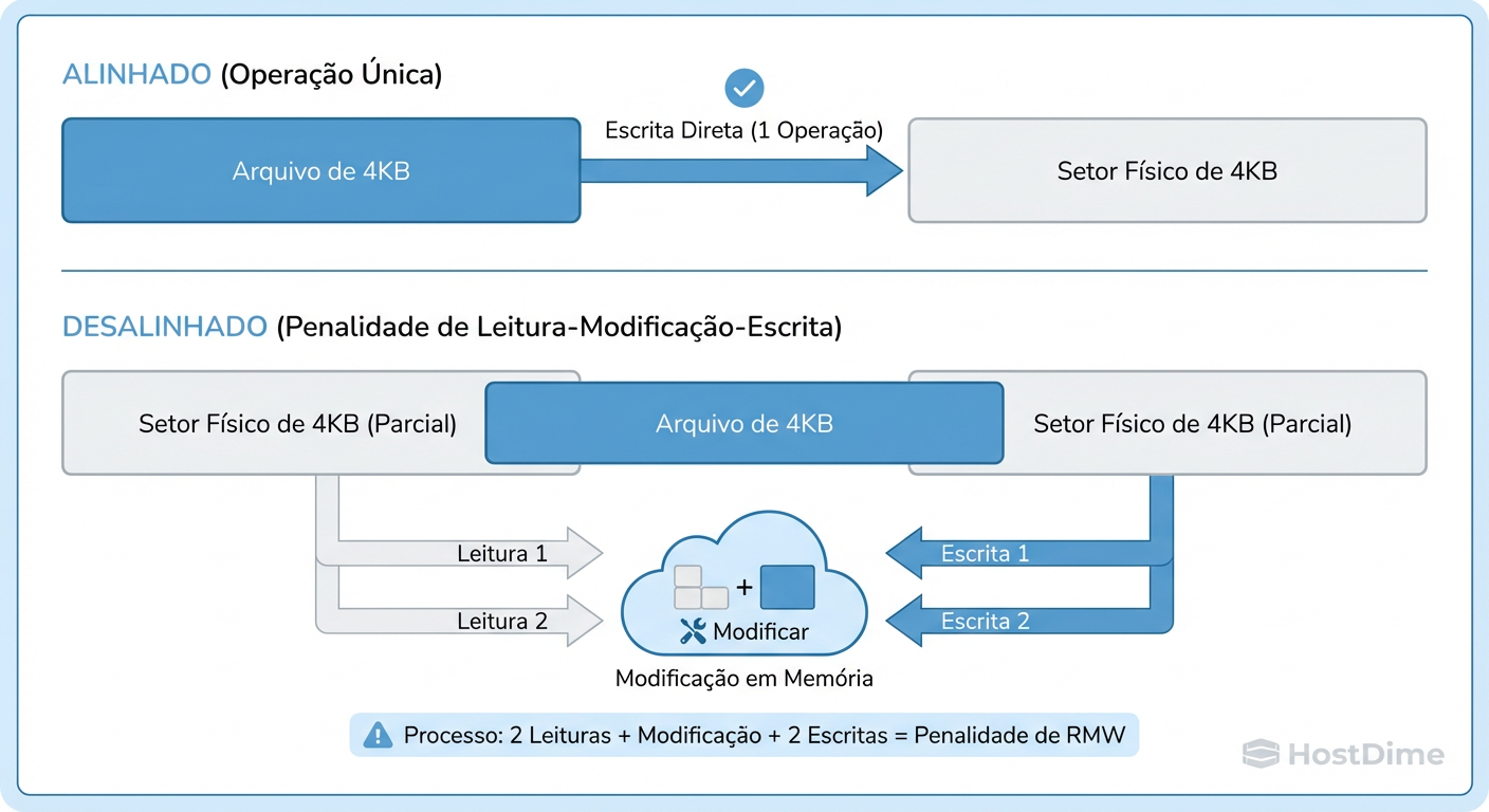 Diagrama de Alinhamento de Setores: O custo oculto do desalinhamento é a duplicação de I/O (RMW).