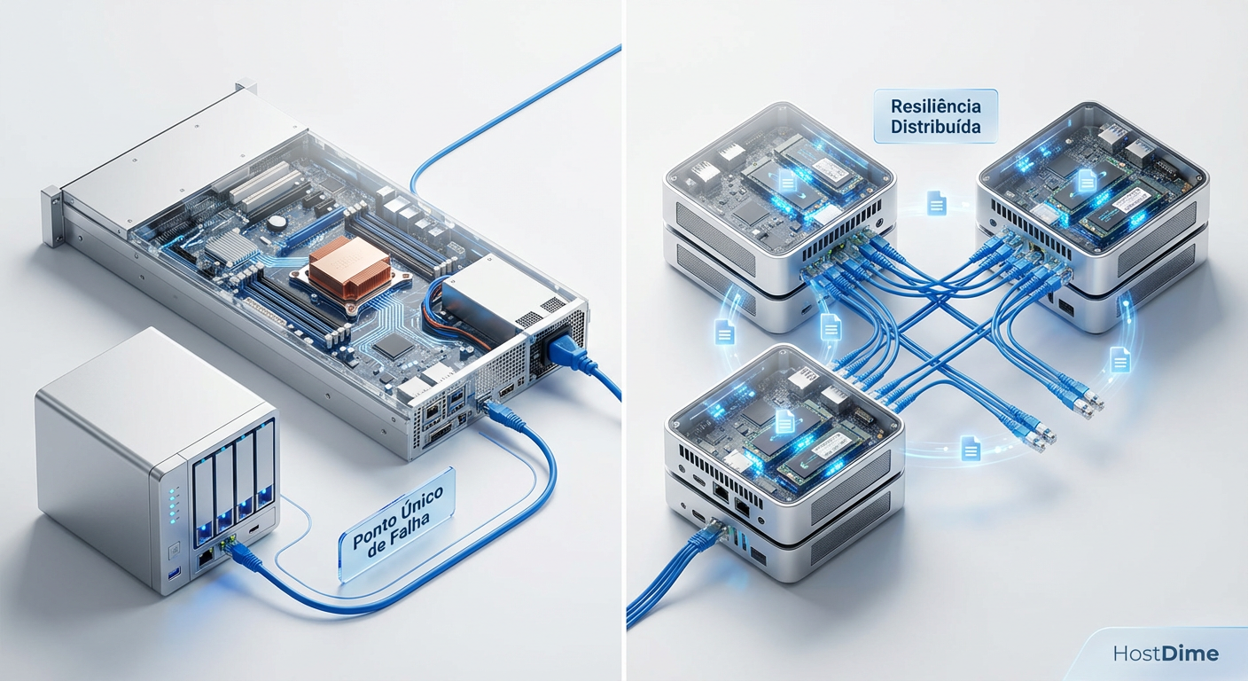 Comparativo visual: Infraestrutura tradicional com ponto único de falha vs. Cluster Hiperconvergente distribuído.