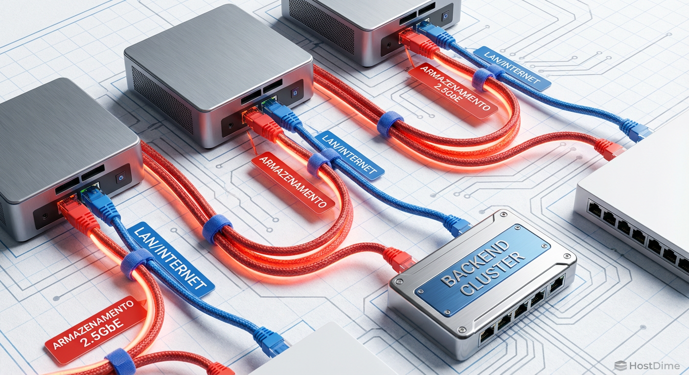 Diagrama de topologia de rede: Separação física entre a rede LAN (azul) e a rede de Backend de Storage 2.5GbE (vermelho).