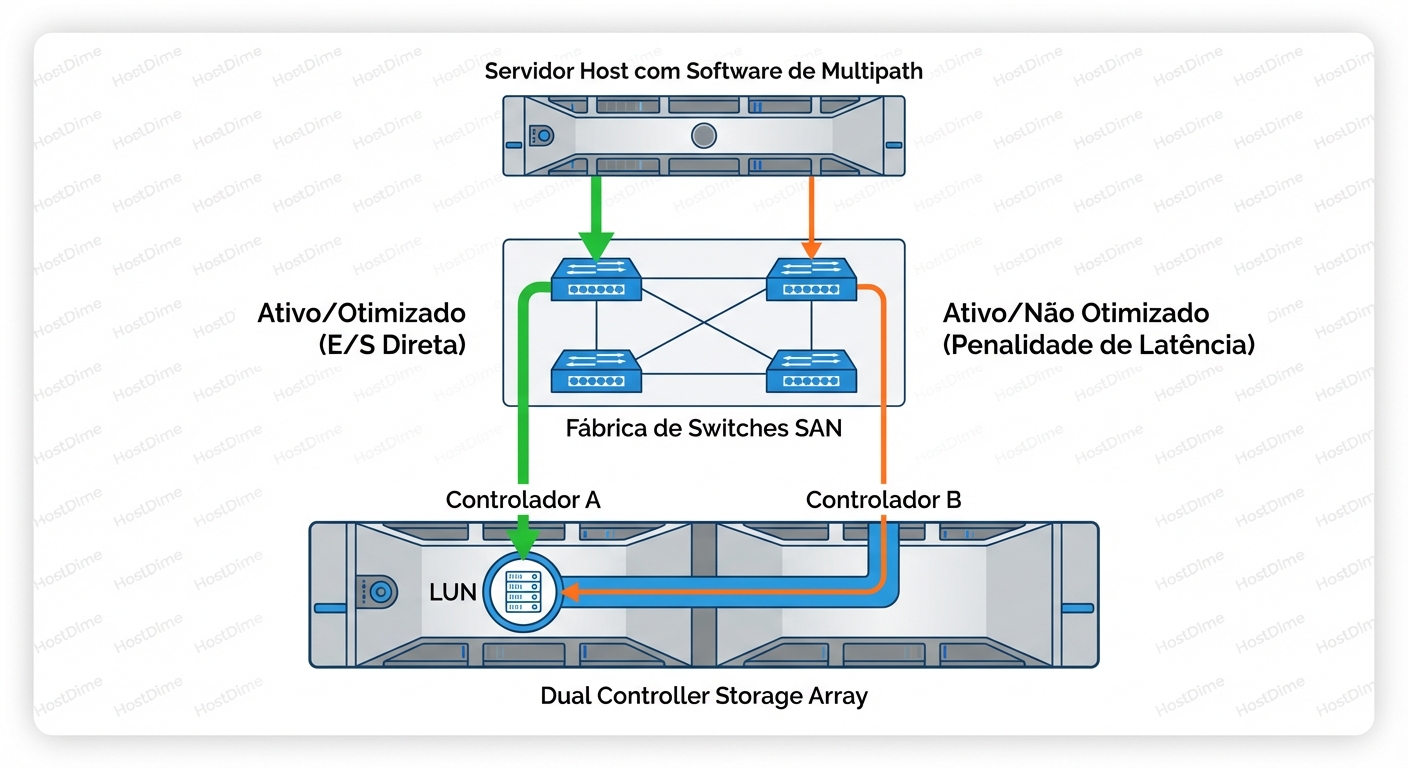 Fluxo de I/O em ALUA: A diferença crítica entre caminhos Otimizados (acesso direto) e Não-Otimizados (tráfego via interconnect).