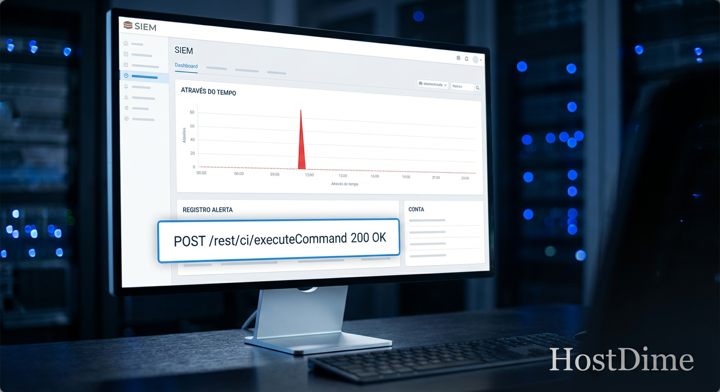 Dashboard de SIEM evidenciando o pico de tráfego malicioso no endpoint vulnerável e logs de execução de comando.