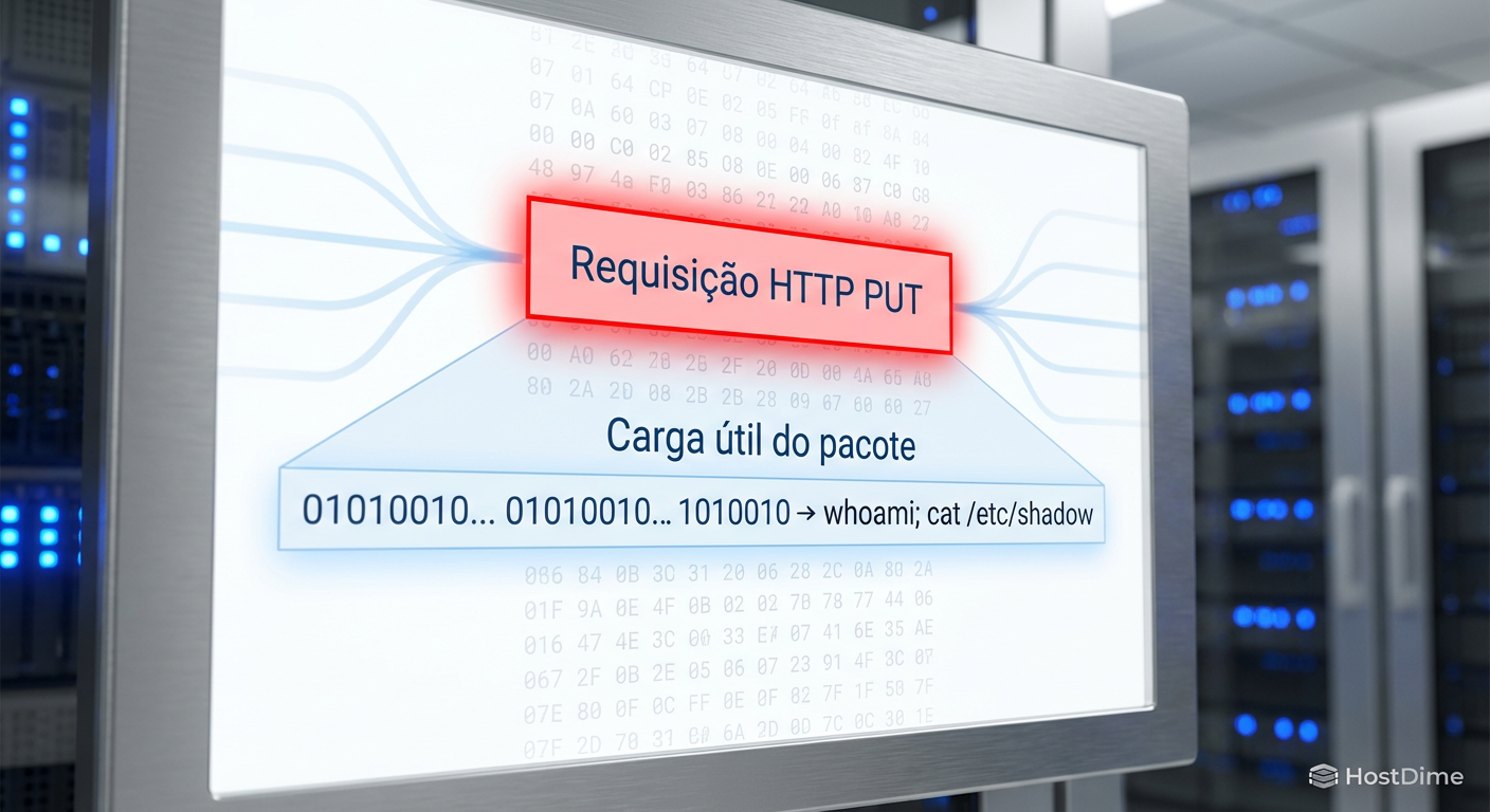 Visualização forense de um pacote de rede malicioso isolado, destacando a injeção de comando no payload HTTP.