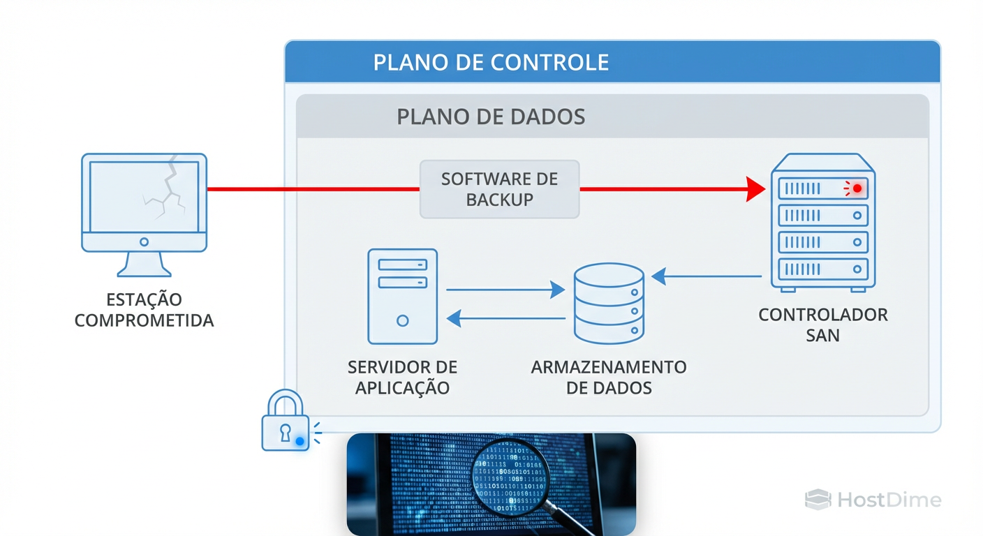Diagrama de fluxo de ataque demonstrando a movimentação lateral da estação de trabalho comprometida diretamente para o Plano de Controle do Storage, ignorando o software de backup.