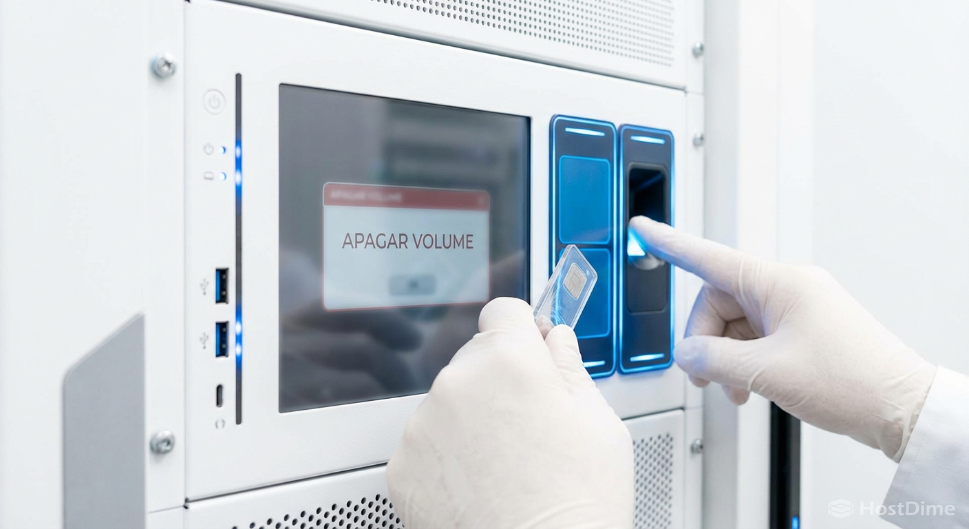 Ilustração conceitual do Princípio de Quatro Olhos: exigência de duas autenticações simultâneas e distintas para autorizar a destruição de volumes de armazenamento.