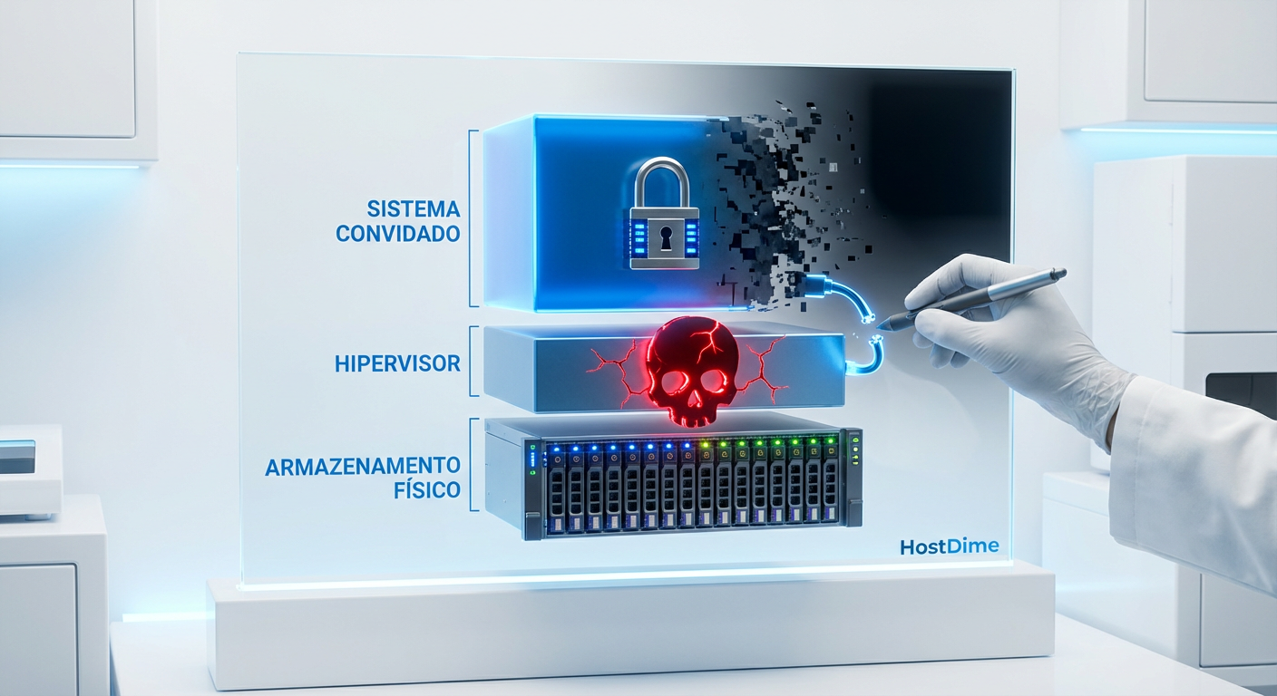 Visualização em camadas do ataque ao hipervisor: o atacante destrói o disco virtual (VMDK) no nível do ESXi, contornando completamente a trava de imutabilidade existente dentro do Sistema Operacional Convidado.