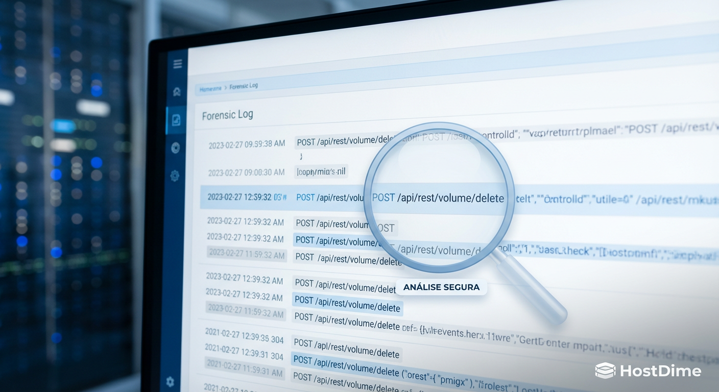 Análise forense de logs destacando o comando de exclusão de volume injetado via API.