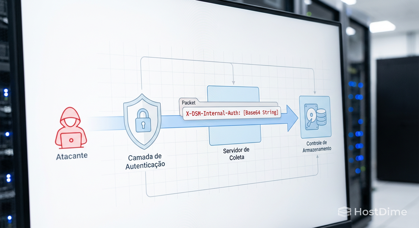 Diagrama técnico ilustrando o fluxo do pacote malicioso contornando a camada de autenticação via cabeçalho injetado.