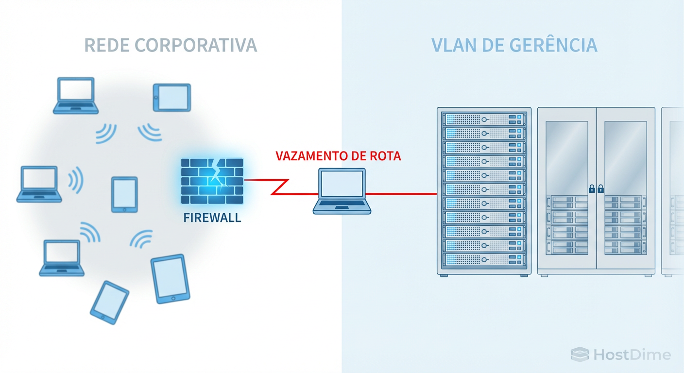 Topologia de rede demonstrando a falha na segmentação onde uma rota herdada permite acesso direto da rede corporativa à VLAN de gerenciamento.