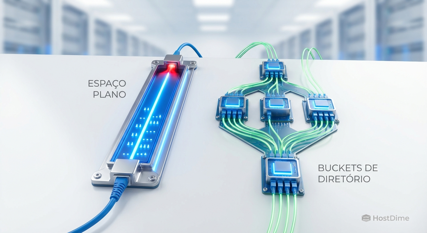 Comparação visual entre o gargalo de um namespace plano e a fluidez de uma estrutura hierárquica de diretórios.