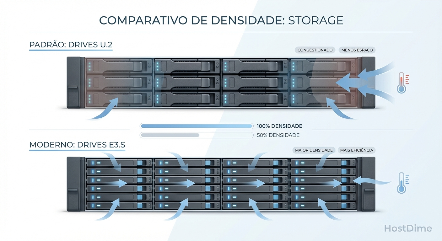 A otimização do painel frontal: o formato E3.S permite maior densidade de armazenamento por unidade de rack, reduzindo o custo de espaço físico no datacenter.