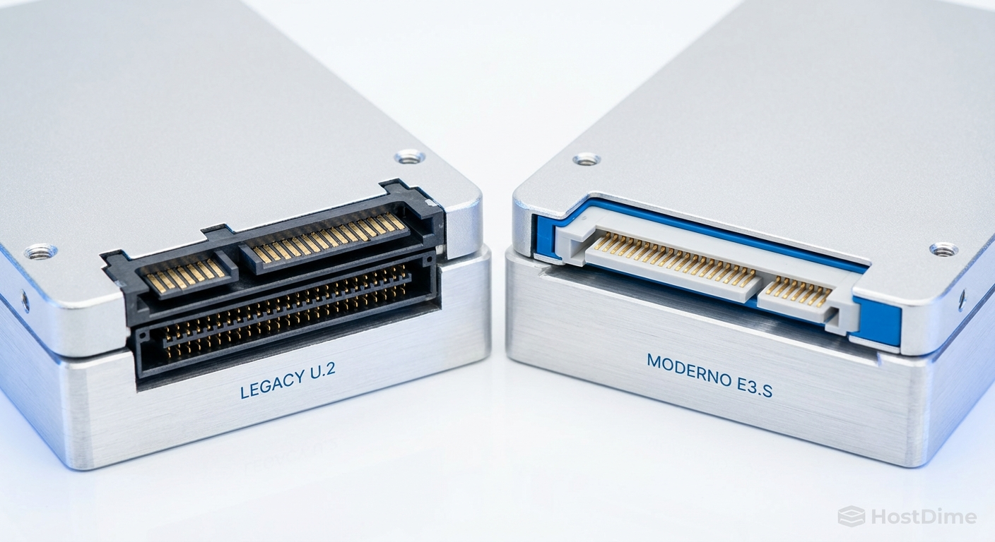 Comparação direta entre a complexidade do conector legado U.2 e o design otimizado para alta frequência do SFF-TA-1008 presente no E3.S.