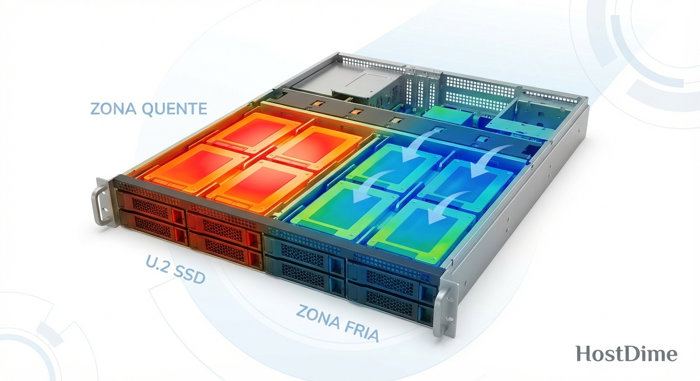 Imagem térmica simulada demonstrando a retenção de calor severa nos drives U.2 em contraste com a dissipação eficiente do formato E3.S sob a mesma carga de trabalho.