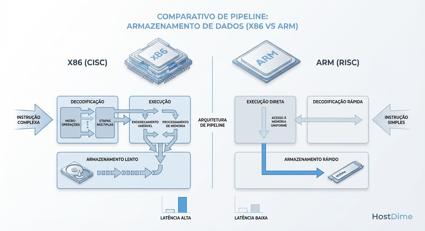 Fig 1. A complexidade de decodificação do x86 vs a execução direta do ARM em tarefas de I/O.