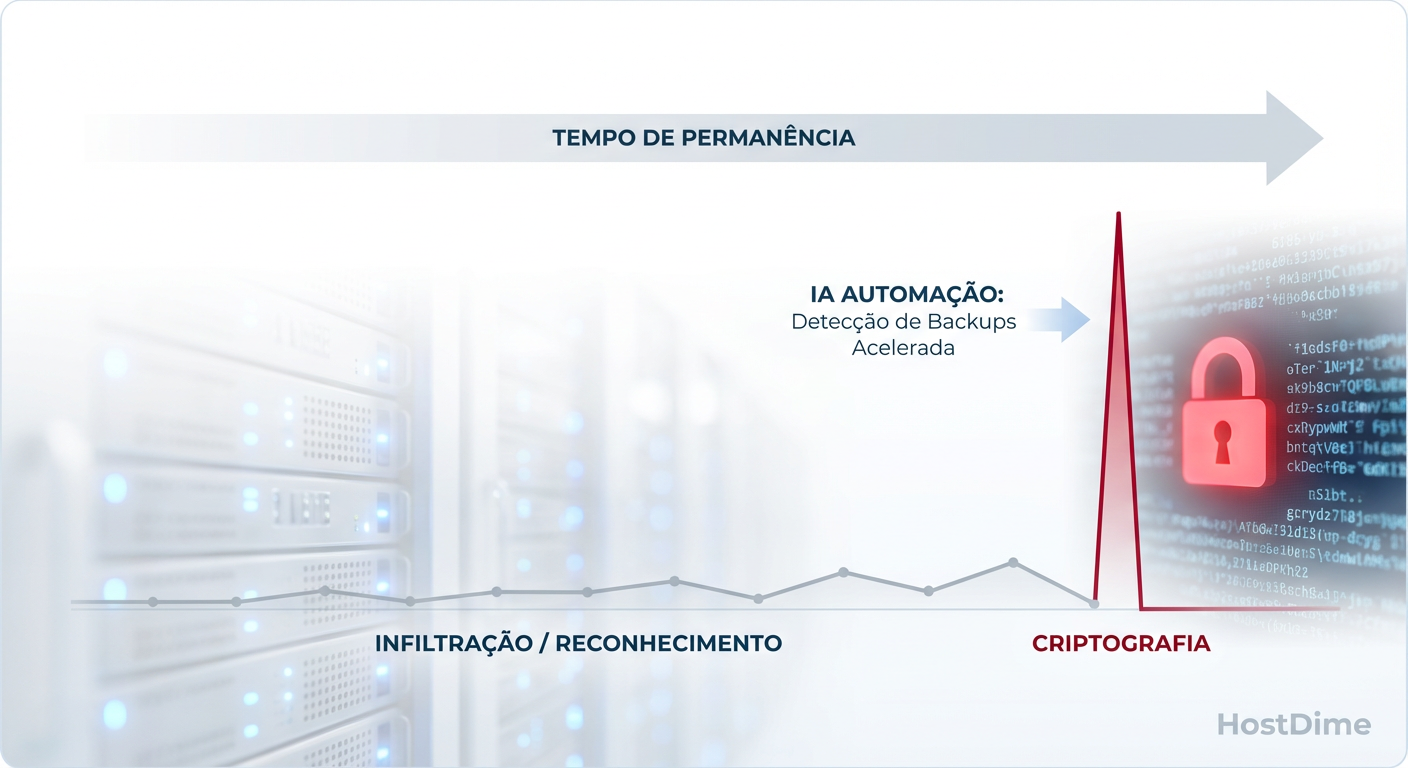 Fig. 2: A janela de reação humana desapareceu. A automação via IA localiza e destrói repositórios de backup minutos antes da criptografia iniciar.