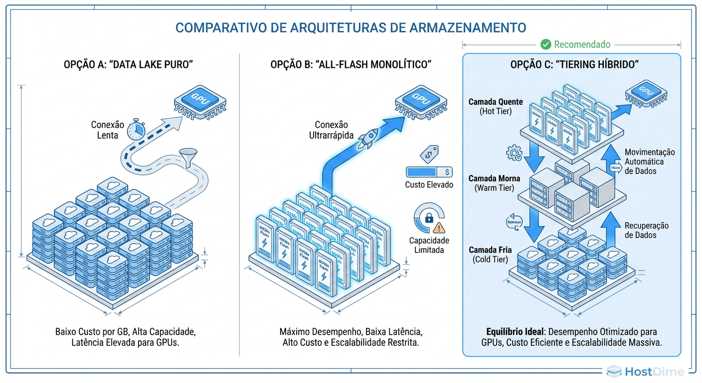 Fig. 2: Comparativo de topologias de storage: Do monolítico ao tiering inteligente.