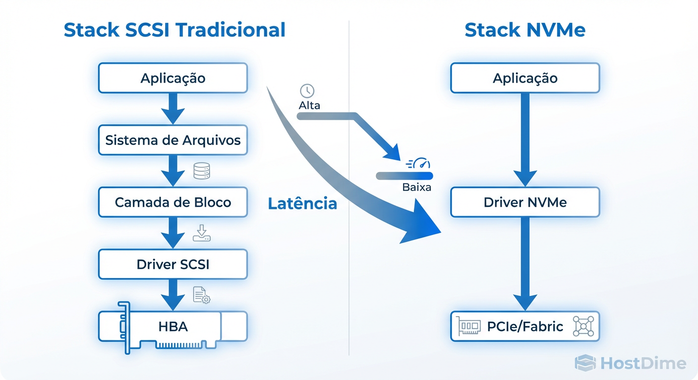 Fig. 2: Comparativo de eficiência de protocolo. O NVMe reduz ciclos de CPU e latência ao eliminar a tradução SCSI legada.