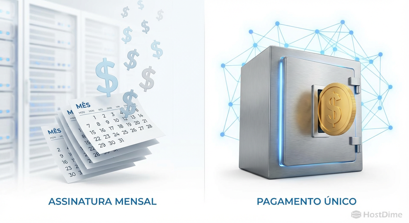 Comparativo visual entre o modelo de assinatura mensal (pilha de calendários e dinheiro voando) e o modelo de pagamento único do Arweave (cofre digital robusto).