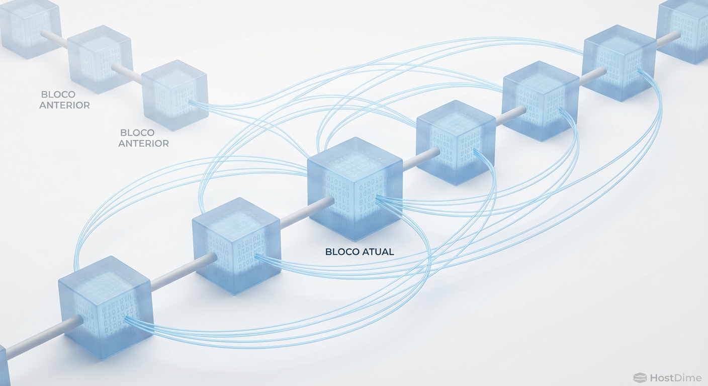Diagrama técnico da estrutura Blockweave, mostrando como o bloco atual se conecta ao anterior e a um bloco histórico aleatório (Recall Block), criando uma malha de dados.
